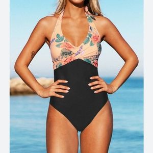Cupshe Women Swim Cupshe Melissa Floral Halter Back Tie One Piece Swimsuit